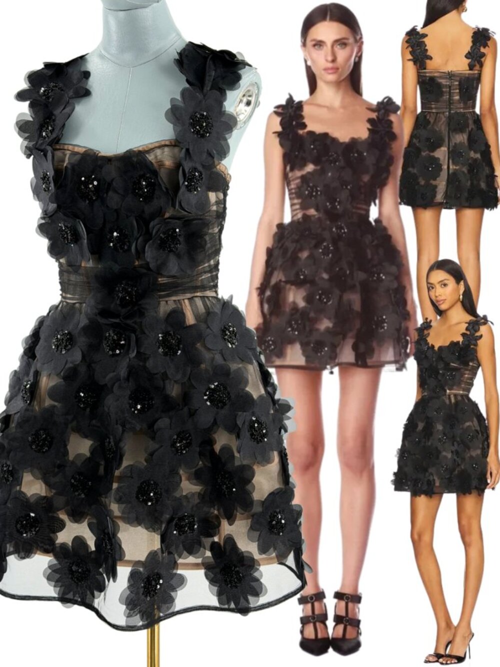 🆕 BRONX & BANCO 🧿 NWOT Rosalie Noir Floral-Appliqué Tulle Mini Dress, Sz M US6